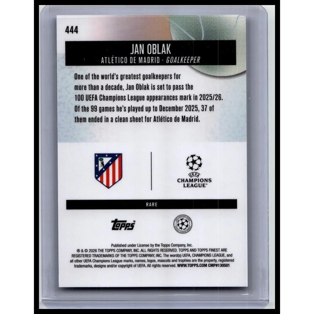 2025-26 Finest UEFA Jan Oblak #444 Atletico Madrid Purple Checkerboard #/75